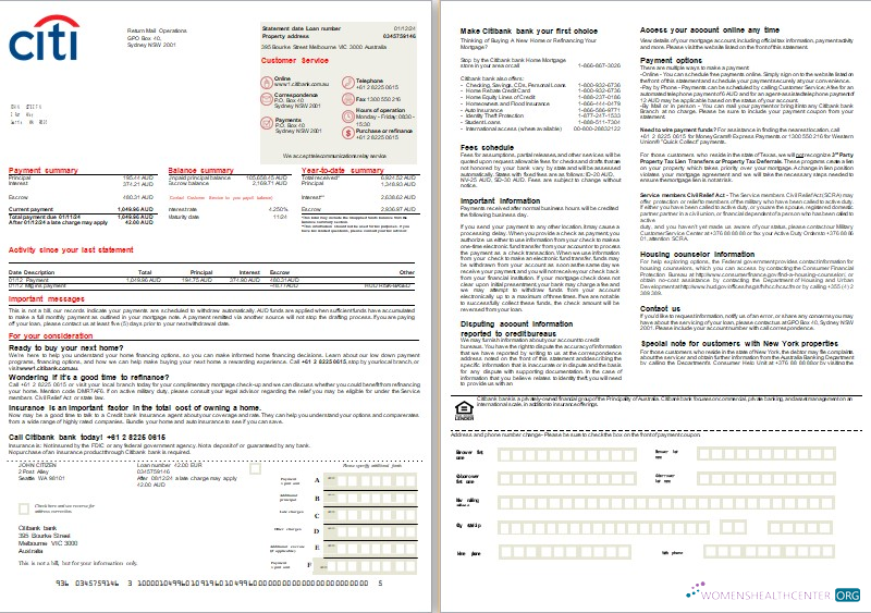 Download Australia Citibank bank mortgage statement, 2 pages, 1 2 scr Photoshop template
